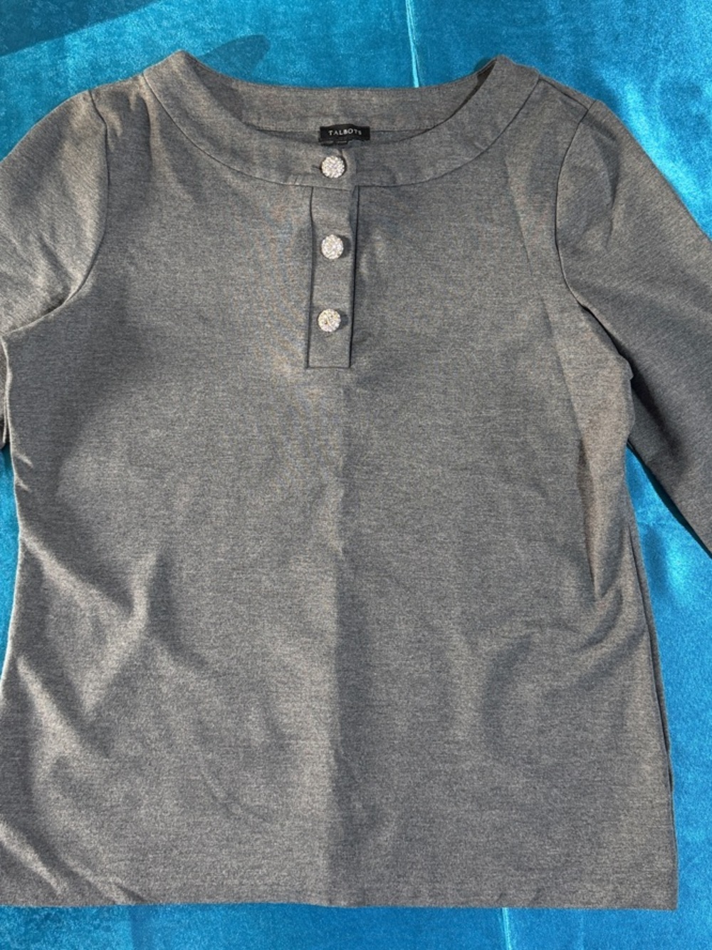 Talbots Gray Knit Long-Sleeve Top with Decorative Buttons